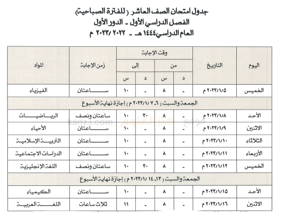 جدول الاختبارات النهائية سلطنة عمان 2023 الفصل الاول pdf